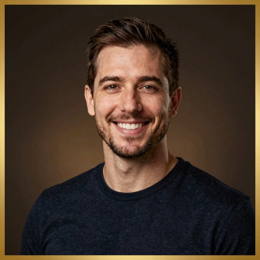 Professional studio headshot portrait of male top affiliate member smiling, warm dark background with gold accent light